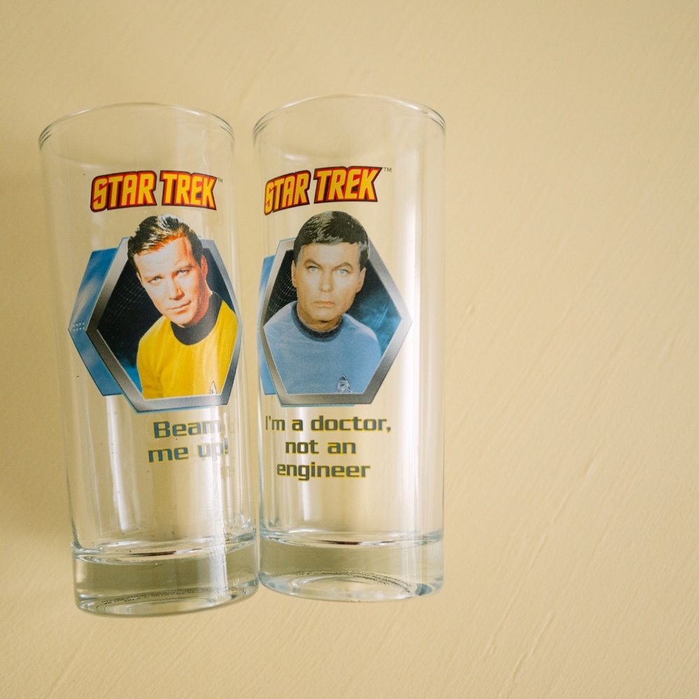 two star trek collectibles glasses Captain Kirk and Dr McCoy